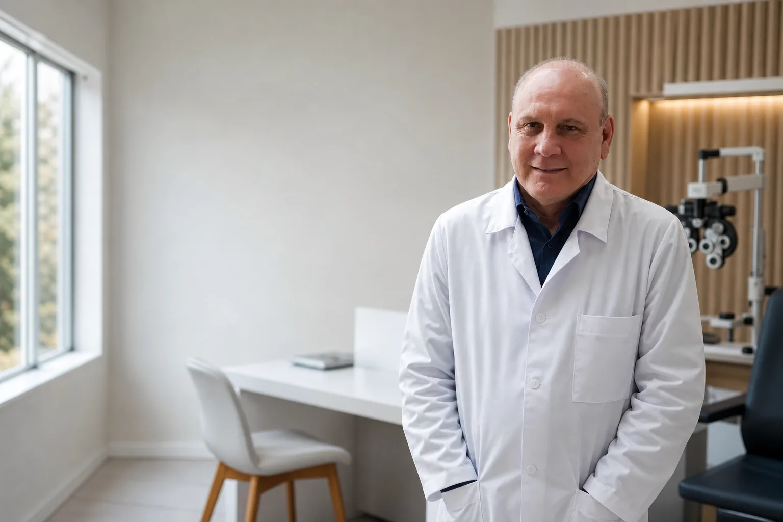 Consultório de oftalmologia do Dr. Roberto Conte, com a lâmpada de fenda ao fundo