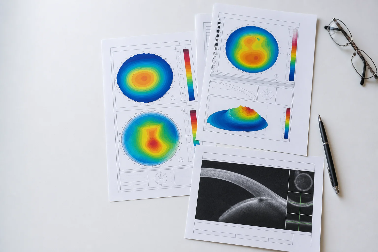 Impressões de topografia de córnea e de um corte tomográfico sobre a mesa